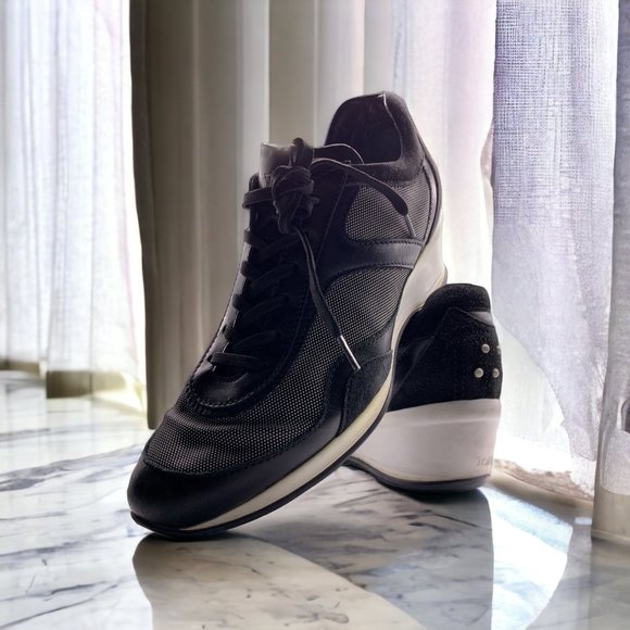 TOD'S BLACK Suede Leather White Mesh Lace-Up Heel Sneakers - Picture 6 of 11